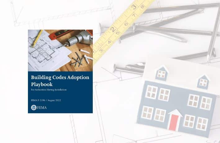 Cover of FEMA's Building Code Playbook with home construction background