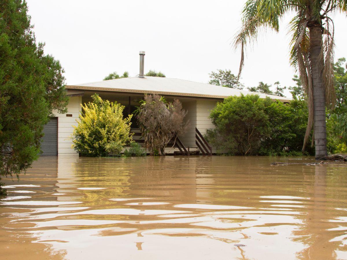 muddy flood waters rising outside a home