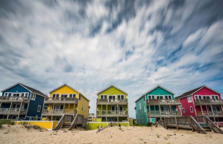 Row of 5 colorful beach houses in Nags Head, NC